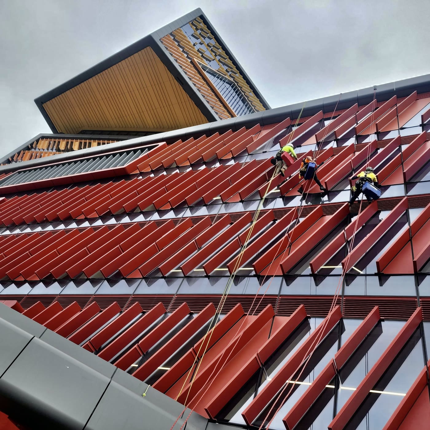 Rope access team on red sunshade façade