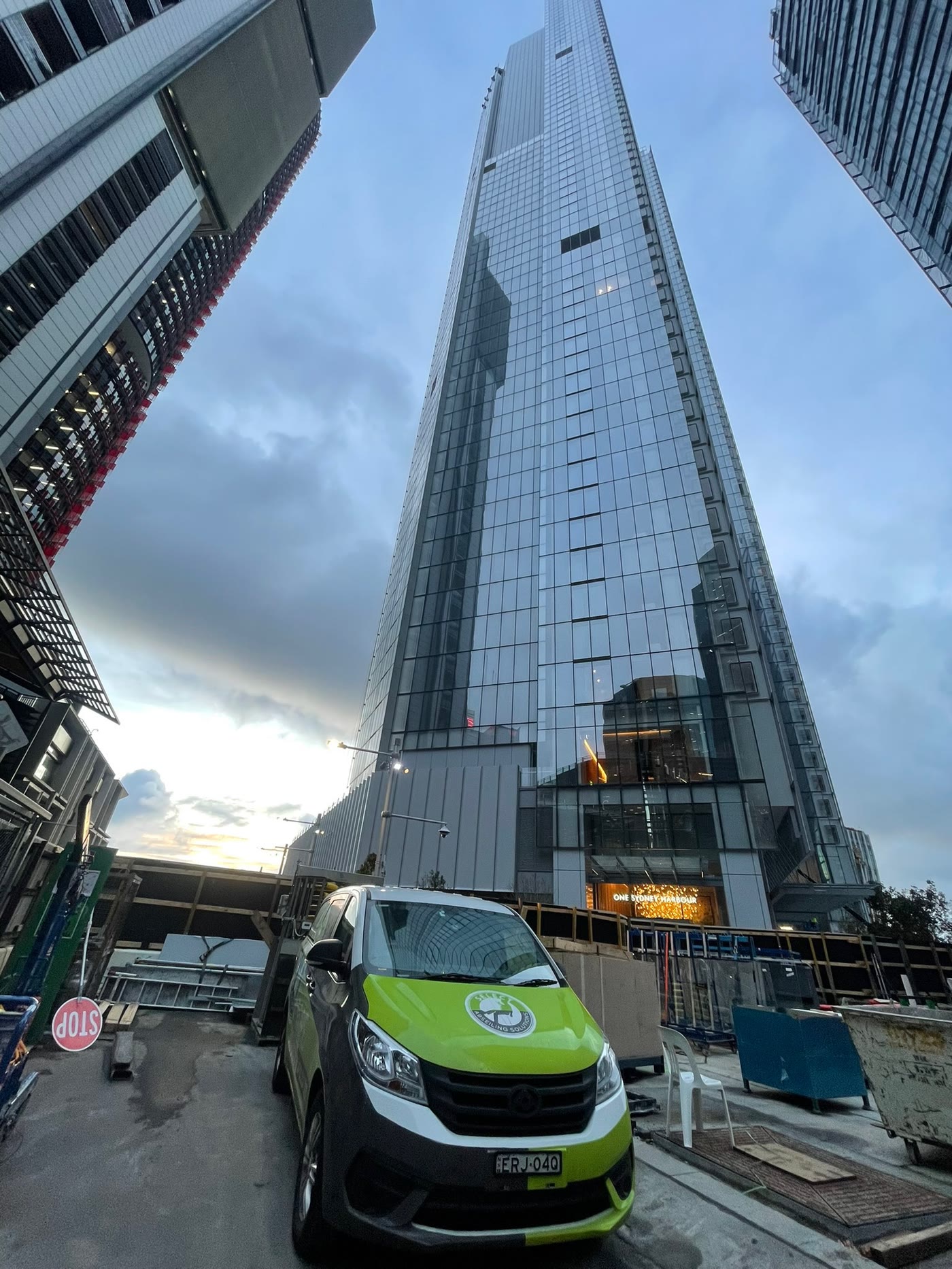 Tower with company vehicle on site